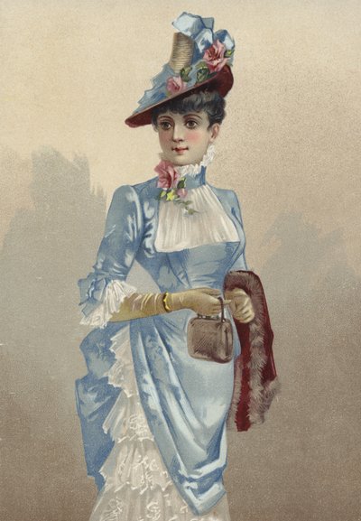Joven elegante con vestido azul, llevando un pequeño bolso de French School