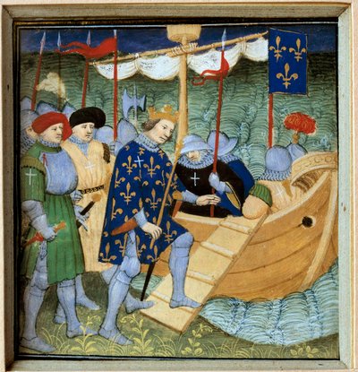Embarque de San Luis (Luis IX) (1214-1270) para la 7ª Cruzada en Miniatura de la Escuela Francesa de French School