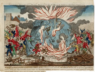 Incendio deplorable de la máquina aerostática de los Srs. Miolan y Janinet el domingo 11 de julio de 1784. pub. 1784 (grabado coloreado a mano) de French School