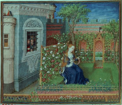 Emelye en su jardín. Los caballeros prisioneros Palamon y Arcite, de las Horas del Duque de Borgoña de French School