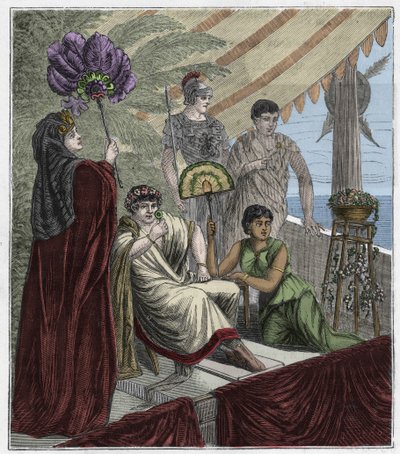 Lente de esmeralda utilizada como instrumento óptico por el emperador Nerón, emperador de Roma (54-68 d.C.) observando el combate de gladiadores a través de una esmeralda cóncava para corregir su miopía - Grabado en "Sciences mises à la range de tous" de French School