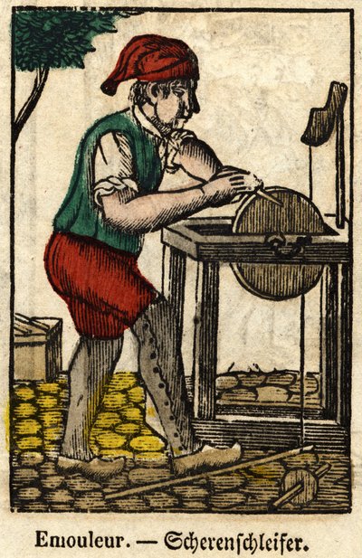 Emouleur (consiste en afilar objetos con la rueda de afilar); Serie sobre oficios, imagen de Épinal del siglo XIX. de French School