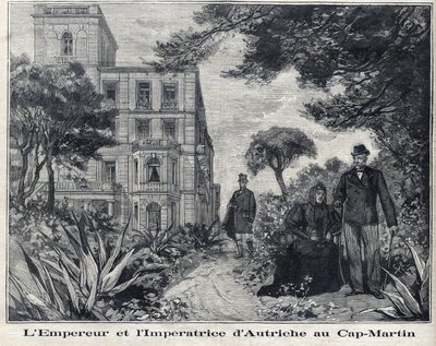Emperador Francisco José I de Austria (1830-1916) y Emperatriz de Austria Isabel Amalia de Wittelsbach conocida como Sissi (1837-1898) en Cap Martin en la región de Alpes-Marítimos de Provenza-Alpes-Costa Azul. en "Le Petit Parisien" de French School