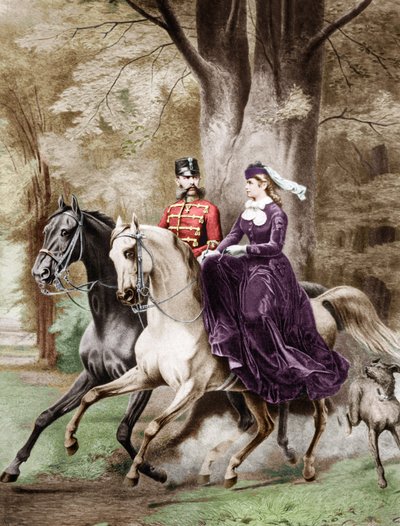 El emperador Francisco José I y la emperatriz Isabel de Austria de Wittelsbach (1837-1898) montando a caballo (grabado) de French School