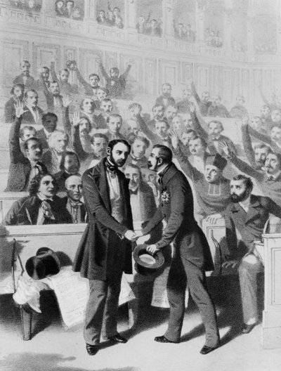 El emperador Luis Napoleón Bonaparte III (1808-73) estrechando la mano del general Petit, en la inspección del Regimiento des Invalides de la Grande Armée, 24 de diciembre de 1848 de French School