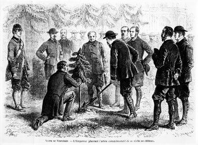 El Emperador Napoleón III plantando un árbol en Ferrières, hogar del Barón James de Rothschild, para conmemorar su visita, de Le Monde Illustré, 2 de noviembre de 1862 de French School