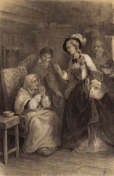 La emperatriz María Teresa de Austria visitando a una mujer pobre confinada en su casa (lito) de French School