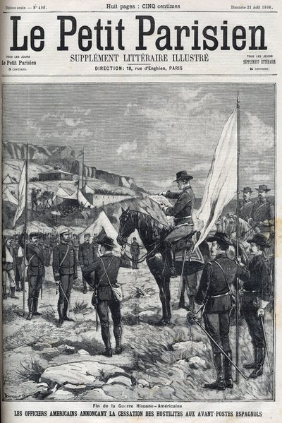 Fin de la Guerra Hispano-Estadounidense en 1898. Oficiales estadounidenses anunciando el cese de hostilidades en los puestos avanzados españoles. Grabado en “Le petit parisien” de 1898. de French School