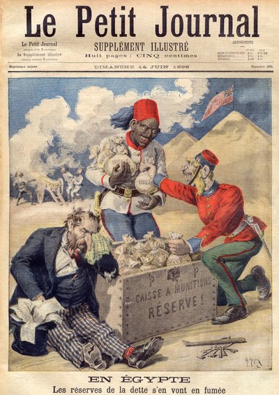 Inglaterra poniendo la mano en las reservas de la deuda egipcia para financiar una operación militar en junio de 1896 - ilustración de 