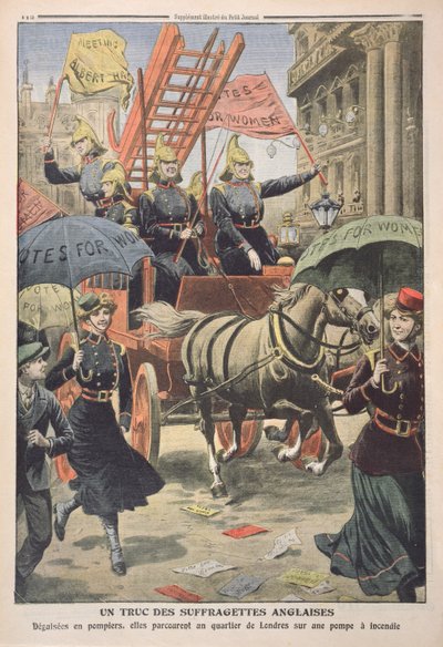 Sufragistas inglesas vestidas como bomberos, de Le Petit Journal, 3 de abril de 1910 de French School