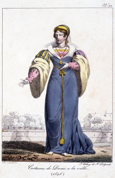 Grabado, traje de dama en la ciudad alrededor de 1545 de French School