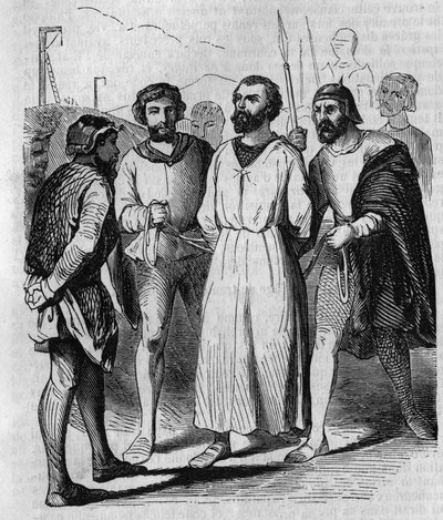Enguerrand de Marigny, chambelán y ministro del Rey Felipe IV el Hermoso, marchando hacia la tortura en 1315. Grabado del siglo XIX. de French School