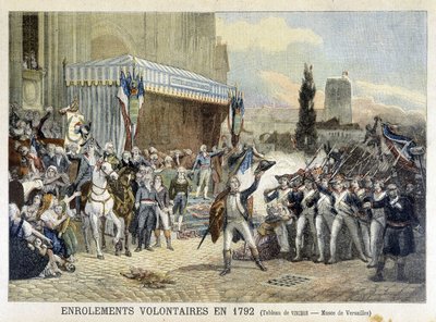 Enrolamiento de voluntarios en 1792 (grabado en color) de French School