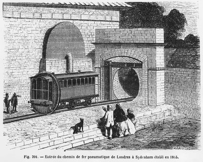 Entrada del ferrocarril neumático de Londres a Sydenham, establecido en 1865 - en “The Wonders of Science”, por L. Figuier. de French School