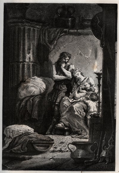 Eponina y su esposo Julio Sabino (muerto en 78 d.C.) viviendo clandestinamente en una cueva para escapar del emperador Vespasiano (9-79) - Sabino y su esposa Eponina, escondidos en una cueva - grabado de 