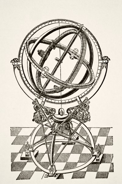 Anillos o círculos ecuatoriales, según grabado en cobre del libro Tychonis Brahe Astronomiae Instauratae Mechanica de 1602, de Science and Literature in The Middle Ages de Paul Lacroix pub. Londres 1878 de French School