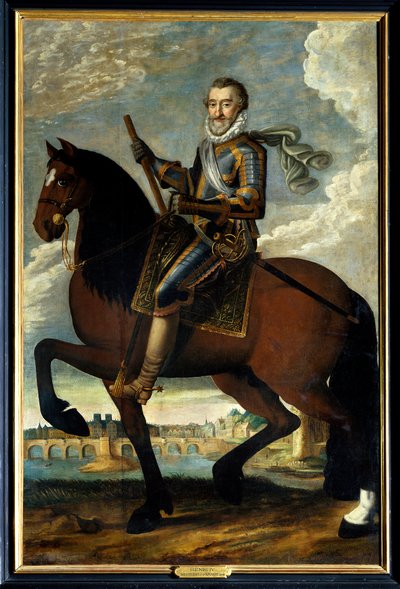 Retrato ecuestre de Enrique IV (1553-1610) rey de Francia frente al Pont Neuf en París. Pintura anónima del siglo XVII. Mención obligatoria: Sully sur Loire, Chateau de Sully de French School