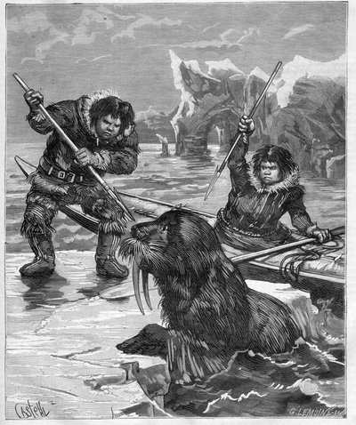 Esquimales - pesca de morsas - Esquimales - pesca de morsas en 1888 - Grabado en 