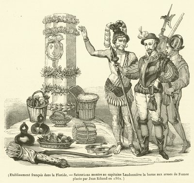Establecimiento francés en Florida, Satouriona muestra al capitán Laudonniere el marcador con las armas de Francia colocado por Jean Ribault en 1562 de French School