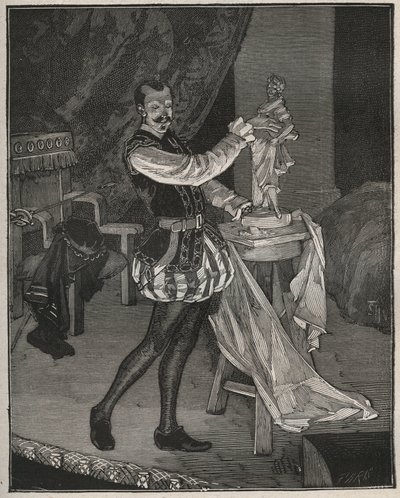 Etienne Marin Melingue (1808-1875), actor francés interpretando al escultor Benvenuto Cellini en “Ascanio” de Alexandre Dumas padre, adaptada al escenario por Paul Meurice. Grabado de 1880 en “Les arts et métiers illustrés” de Adolphe Bitard. de French School