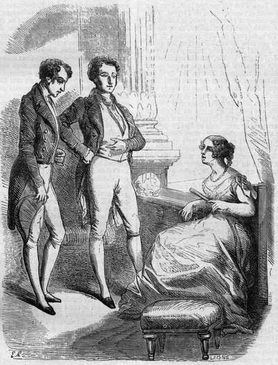 Eugène de Rastignac presentado a Madame de Nucingen por el Marqués de Adjuda. Grabado de mediados del siglo XIX. Ilustración para El padre Goriot de Honoré de Balzac (1799-1850) de French School