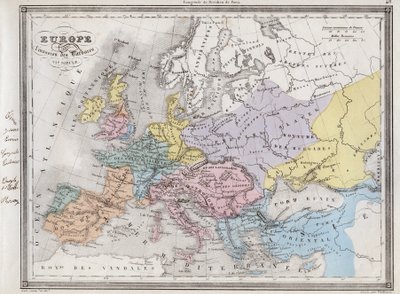 Europa después de la invasión de los bárbaros en el siglo VI - Lámina extraída del “Atlas Universal de Geografía Antigua y Moderna para el Uso de Escuelas Residenciales” por Vuillemin - alrededor de 1845 de French School