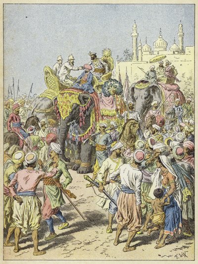 Viajeros europeos recibidos por un Raja, India de French School