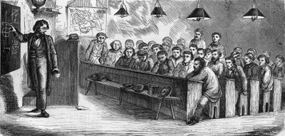 Clase nocturna en una escuela pública para adultos en París en 1858 de French School