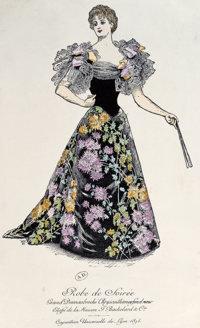 Vestido de noche en damasco con brocado de crisantemo sobre fondo negro, 1894 de French School