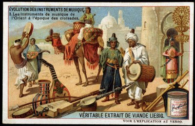 Evolución de los instrumentos musicales: instrumentos musicales árabes del Este a la era de las Cruzadas. Bendir, Duff, oud, Rabab y otros instrumentos de cuerda, viento y percusión (tambor). Finales del siglo XIX cromolitografía Liébig de French School
