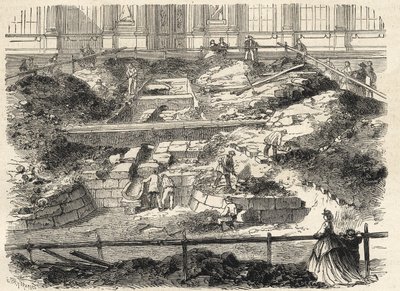 Excavaciones en la Cour Carrée del Louvre - Descubrimiento de los cimientos de la antigua torre de Philippe Auguste - Excavaciones ejecutadas en el patio del Louvre - actualización de los cimientos de la antigua Torre Philippe-Auguste - Grabado en 