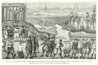 Ejecución del célebre pirata alemán Stoerteneck y sus setenta cómplices, en 1402, en Hamburgo; según una imagen popular de finales del siglo XVI, Biblioteca de la ciudad, en Hamburgo de French School
