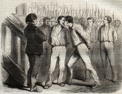Ejecución de los cuatro sargentos de La Rochelle el 21 de septiembre de 1822: Bories, Raoulx, Gaubin, Pommier - Raoulx, que debía pasar primero, pidió abrazar a sus camaradas - Grabado en “Causes celebres de tous les peuples” por Armand Fouquier (1817-18?) de French School