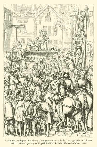 Ejecuciones públicas, facsímil de una xilografía de la obra latina de Millaeus, Praxis criminis persequendi, pequeño infolio, París, Simon de Colines, 1541 de French School