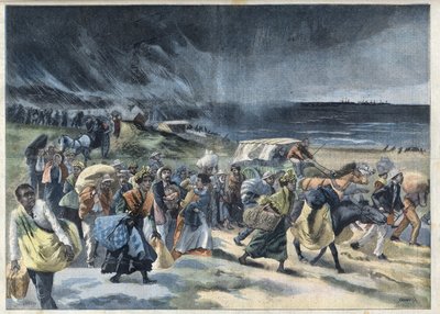 Éxodo de los habitantes de Fort-de-France después de la erupción del volcán de la Montaña Pelée en Martinica. Grabado en “Le Petit Parisien” de French School