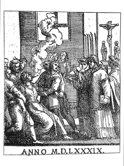 Escena de exorcismo en 1589 de French School