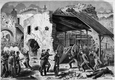 Expedición de México (1861-1867) - sitio de Puebla - 1863: ataque de un cuadro (pate de casas) por el ejército francés. Una vez penetrados en el interior de la ciudad, los soldados franceses tuvieron que luchar barrio por barrio. Grabado en 