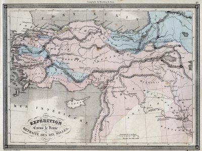 Expedición de Ciro el Joven (siglo V a.C.) y retirada de los diez mil - Placa extraída de “Atlas Universal de geografía antigua y moderna para escuelas residenciales” por Vuillemin - ca. 1845 de French School