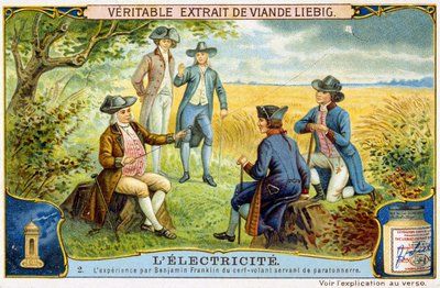 Experimento de Benjamin Franklin de ciervos voladores usados como pararrayos - pegatina publicitaria de Liebig de French School