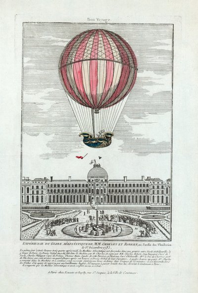 Experiencia del globo aerostático de MM. Charles y Robert en el Jardín de las Tullerías el 1 de diciembre de 1783, pub. 1783 de French School
