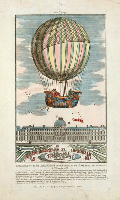 Experiencia del globo aerostático de MM. Charles y Robert en el Jardín de las Tullerías el 1 de diciembre de 1783, pub. 1783 de French School