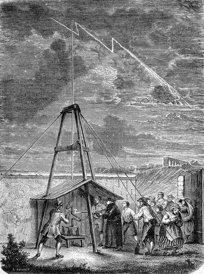 Experimento realizado el 10 de mayo de 1752, por Thomas-François Dalibard (1703-1779) en Marly, primera demostración de la presencia de electricidad en nubes tormentosas - grabado de French School