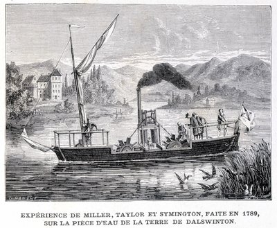 Experiencia de Miller, Taylor y Symington, realizada en 1789, en el estanque de la finca de Dalswinton - en “Álbum de la Ciencia; eruditos ilustres; Grandes descubrimientos” 1896 de French School