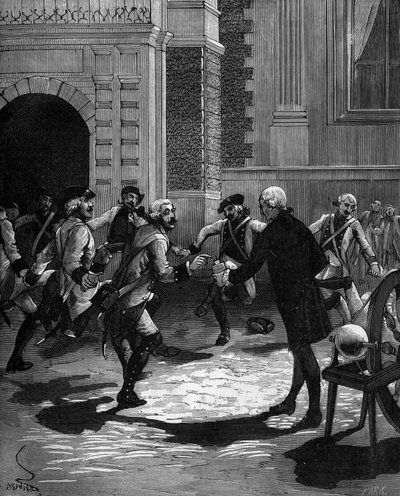 Experiencia de la botella de Leiden por el Abad Jean Antoine Nollet (Jean-Antoine) (1700-1770), físico francés en Versalles, donde 180 guardias fueron golpeados al mismo tiempo. 1746 de French School