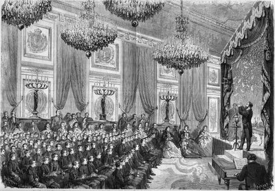 Experimentos de física realizados por Henri Robin (hacia 1803-1874) en honor a los mejores alumnos de los Liceos de París, un espectáculo ofrecido por el Príncipe Imperial en el Palacio de las Tullerías, el 27 de enero de 1865. Están presentes: el Príncipe de French School