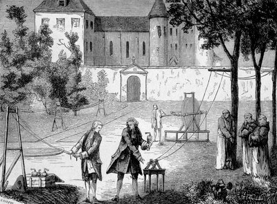 Experimento realizado en 1746 por Lemonnier en el convento de los Cartujos para apreciar la velocidad de la electricidad - en "Álbum de la Ciencia; científicos ilustres; Grandes descubrimientos" 1896 de French School