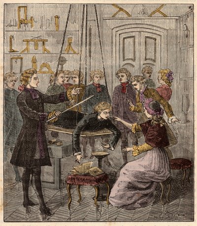 Experimento sobre la electricidad por el abate Jean Antoine (Jean-Antoine) Nollet (1700-1770) - Experimento eléctrico realizado en un hombre por el abate Jean Antoine Nollet (1700-70) en un gabinete de física - Grabado en “Sciences à la gratete de tous - p de French School