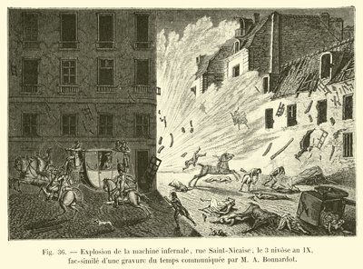 Explosión de la máquina infernal, calle Saint-Nicaise, el 3 nivose año IX, facsímil de un grabado de la época comunicado por M A Bonnardot de French School