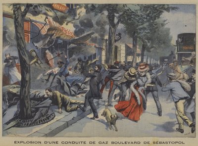 Explosión de una tubería de gas en el Boulevard de Sébastopol, París de French School
