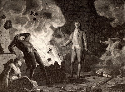 Explosión de la fábrica de explosivos de Essonne, Francia, c. 1788 (grabado) de French School